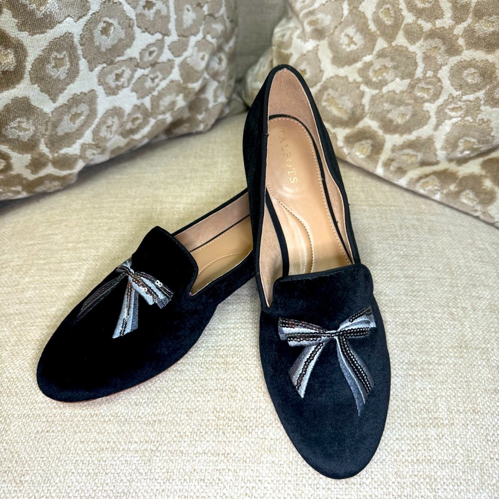 Talbots | Embroidered Flats | Black w/Silver & Bronze Bow Detail | 8.5
